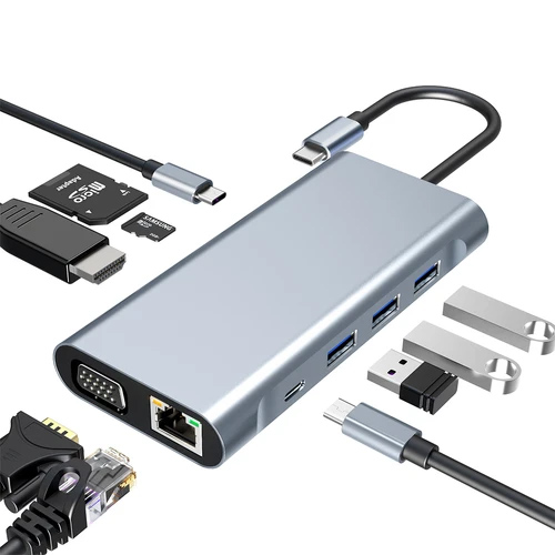 Type-C Hub 10 in 1 USB C to 4K HDMI+RJ45+PD 100W Charge+USB3.0+VGA+SD/TF card reader Dock for MacBook Windows Laptop